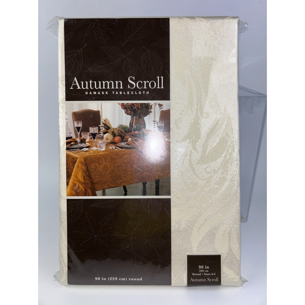 Town and Country Living Autumn Scroll Damask Fabric 90" Round Ivory Tablecloth